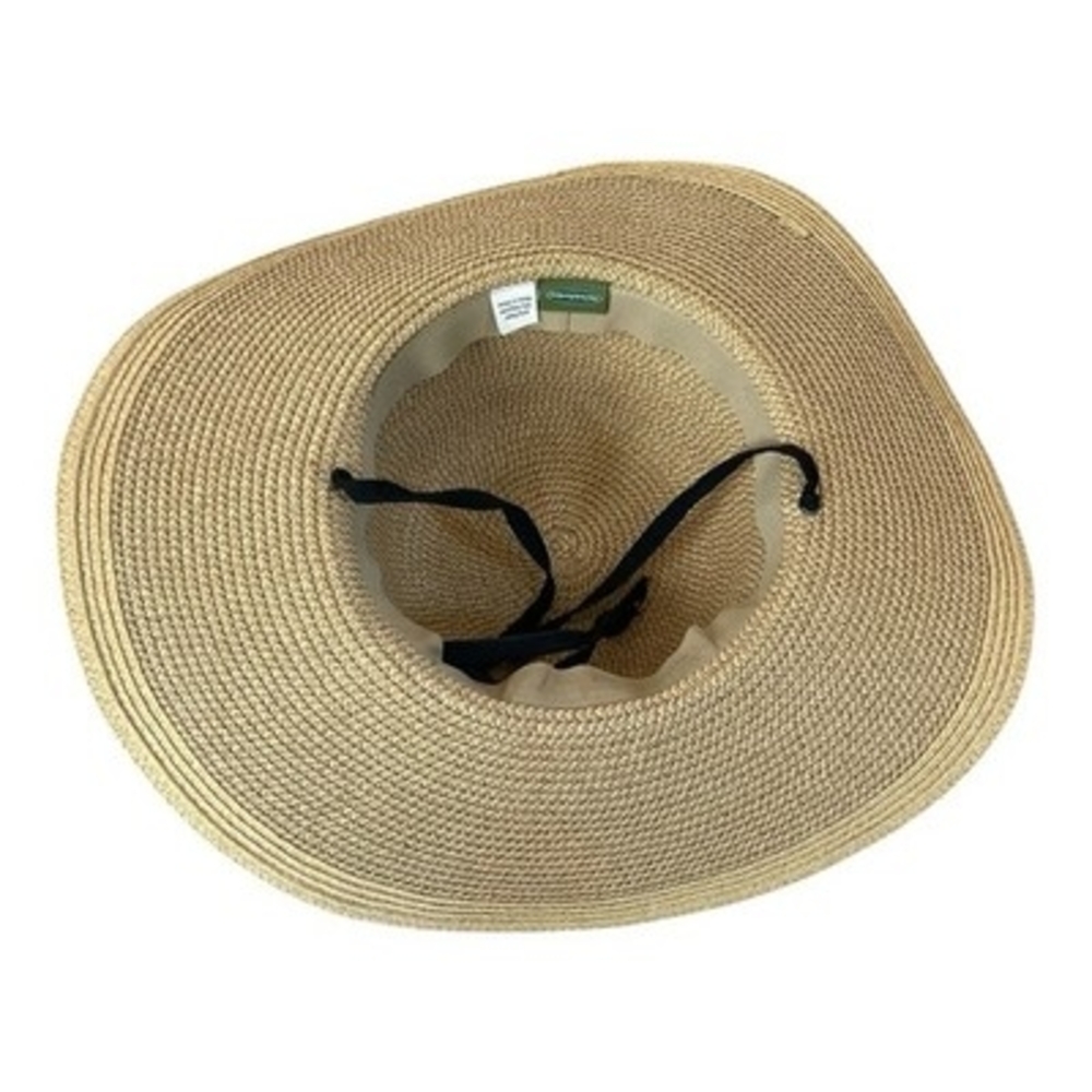 Smith & Hawken Wide Brim Straw Sun Hat Black Ribbon Chin Cord Natural Tan VG - Picture 8 of 10